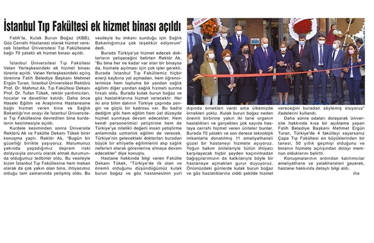 İlk Göz ve Kulak Burun Boğaz Hastanesi İstanbul Tıp Fakültesi Bünyesinde Açıldı